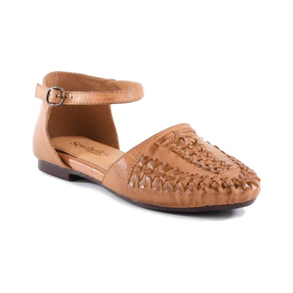 Seychelles Tan Woven Leather Ankle-Strap Flat